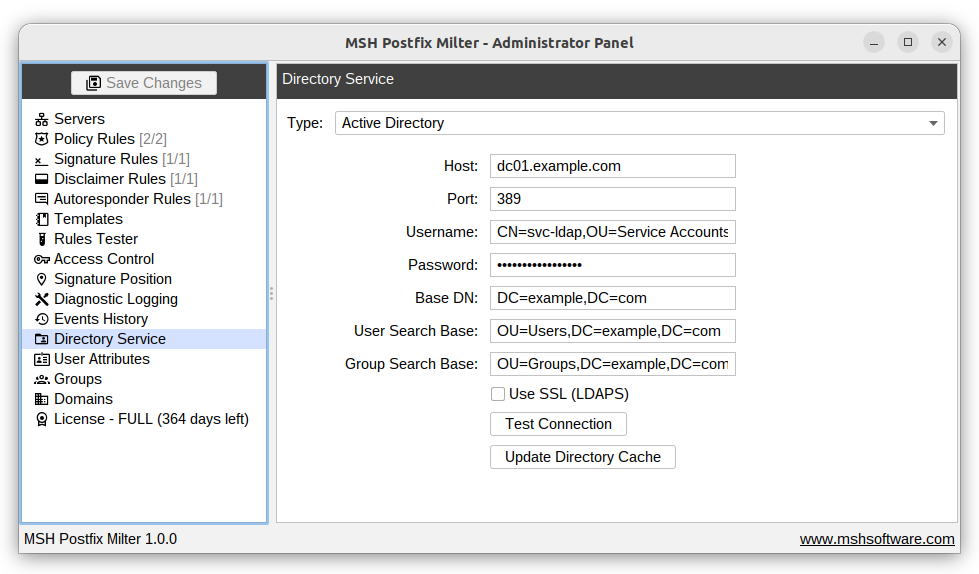 Active Directory connection settings in MSH Postfix Milter