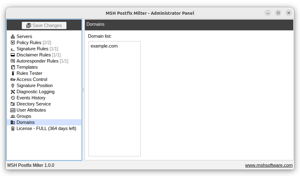 Domains panel in MSH Postfix Milter