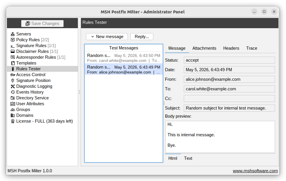 Rules Tester panel in MSH Postfix Milter