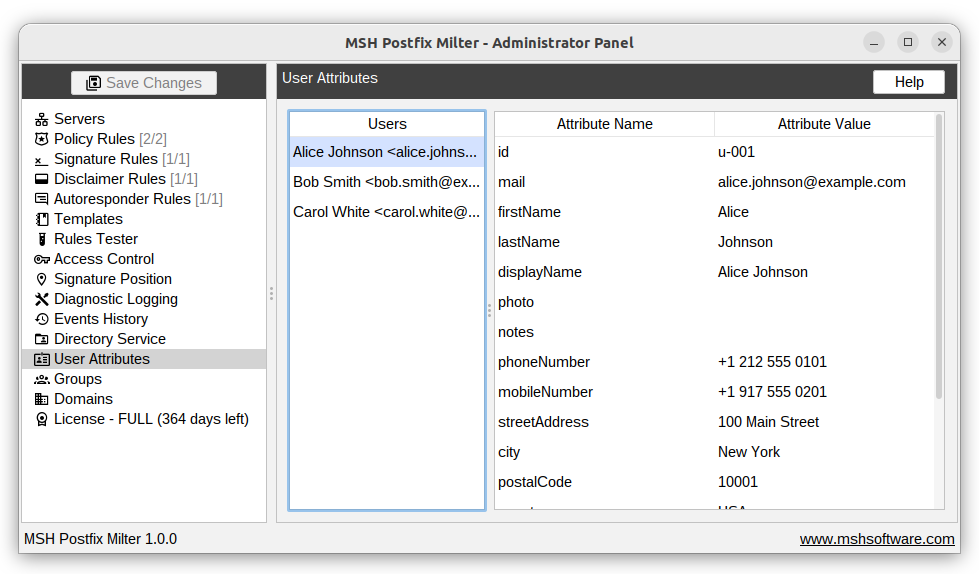 User attributes panel in MSH Postfix Milter