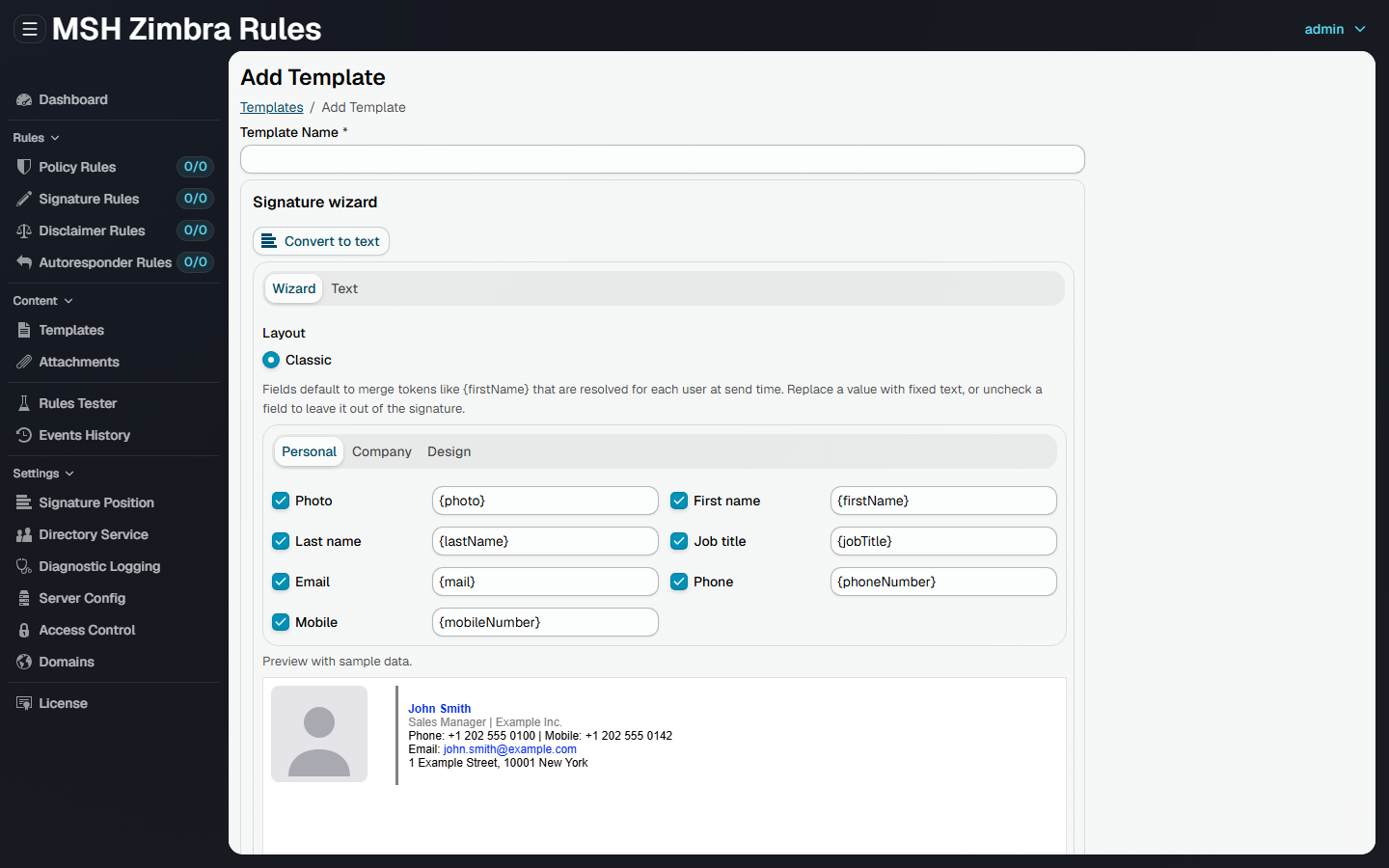 The signature wizard in MSH Zimbra Rules, with user attribute placeholders and a live preview of the resulting signature