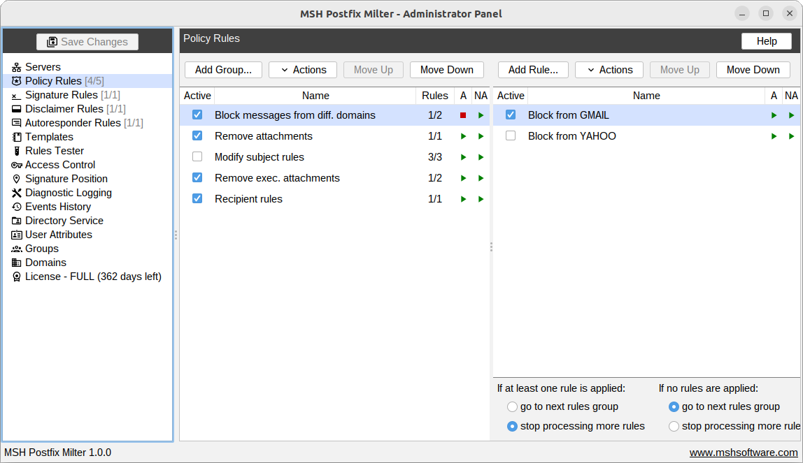 MSH Postfix Milter administrator panel showing policy rule groups such as block messages from different domains, remove attachments and modify subject