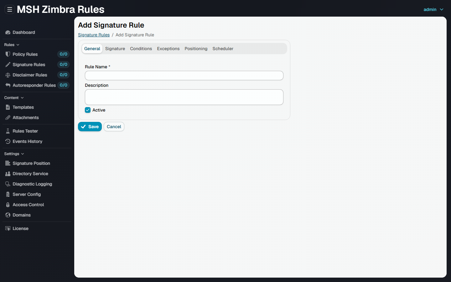 MSH Zimbra Rules - signature rule editor in the administrator panel for Zimbra Collaboration Suite
